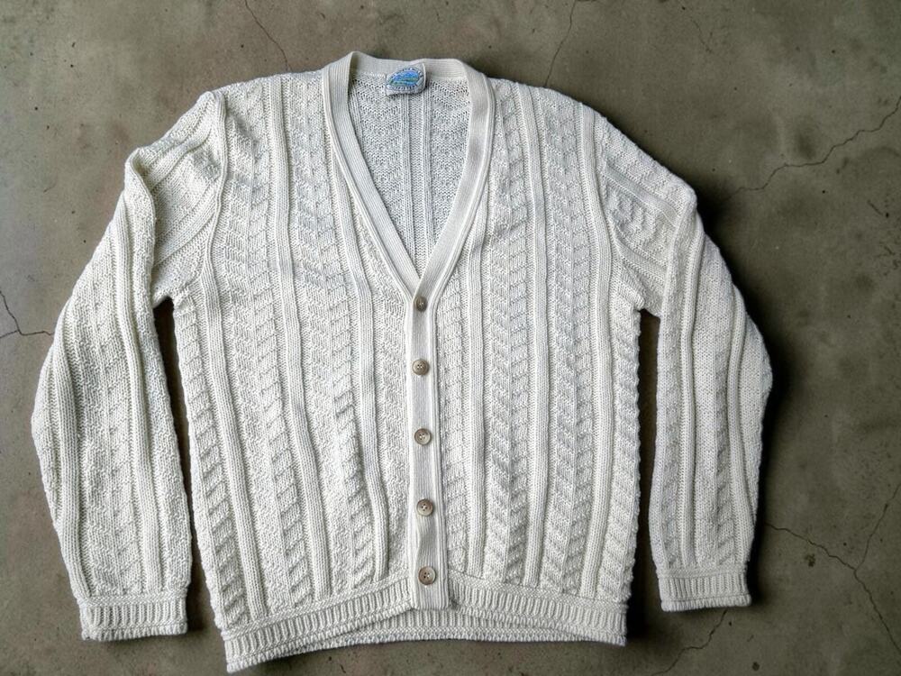 Vintage 80s 90s Royal North Mills Cardigan Sweater USA Cable Knit Ivory Mens